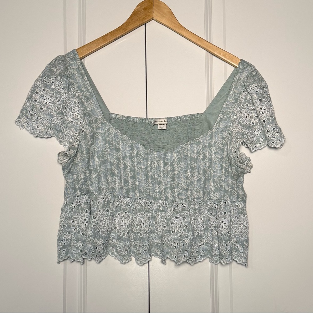 American Eagle Women's Flowy Top in Light Blue & Green